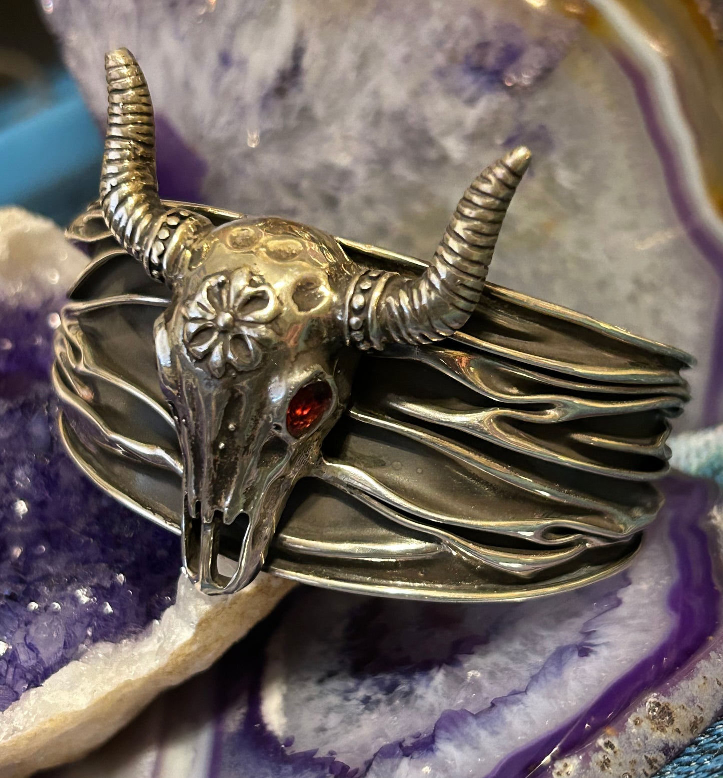 Sterling Silver Taxco Mexico Long Horned Bull Skull Cuff