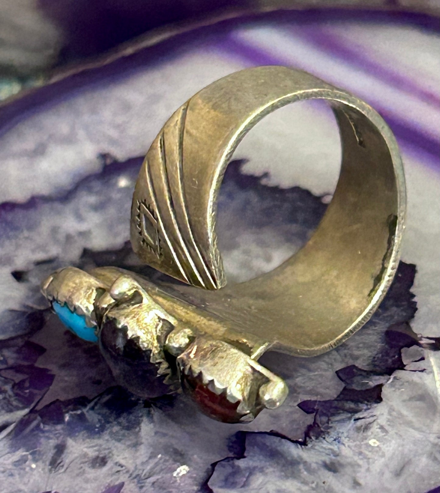 Sterling Silver Southwestern Multi-stone Turquoise, Amethyst Bypass Ring