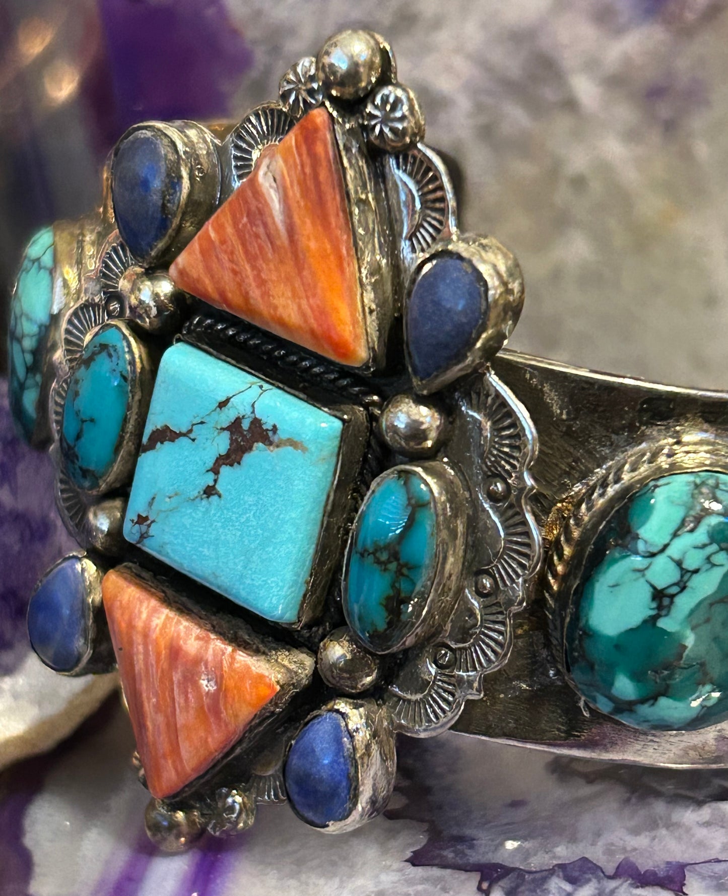 Sterling Silver Handmade Turquoise Spiny Oyster Multi-Stone Large Cuff Bracelet