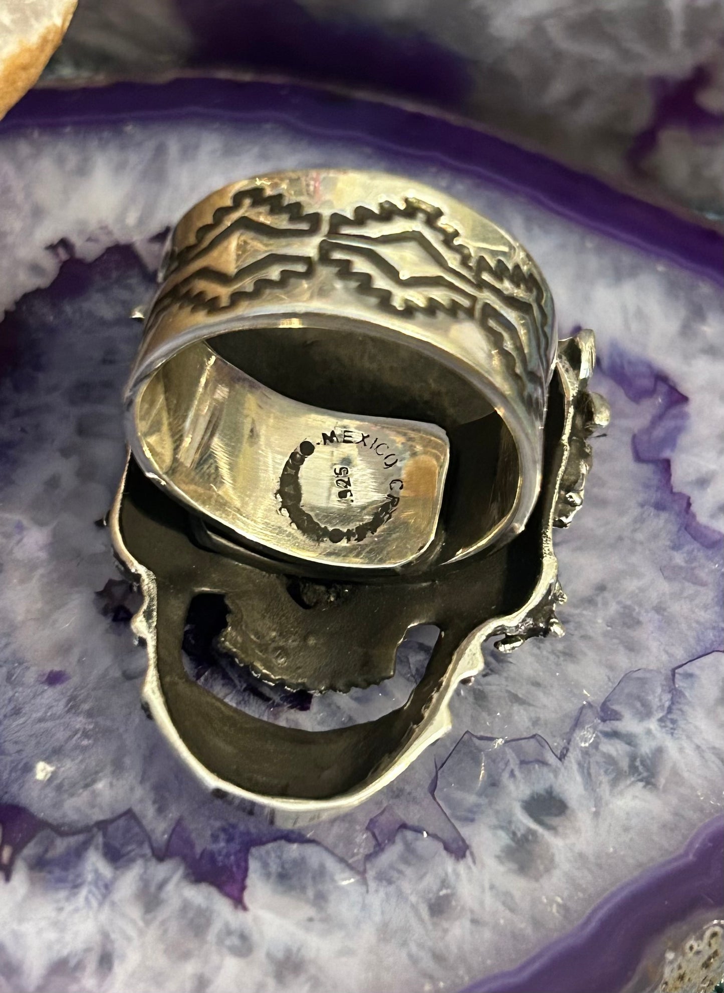 Sterling Silver Modern Taxco Mexico Dia De Los Muertos Skull W/ Butterflies Ring