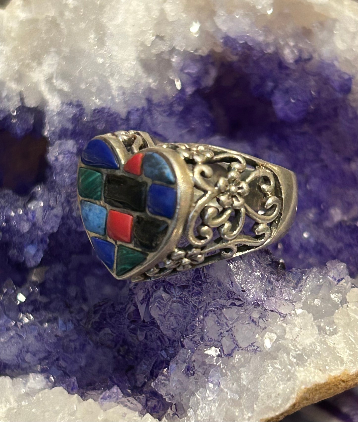 Vintage Sterling Silver Multi Stone Heart Ring w/ Flower Detailing • Size 6