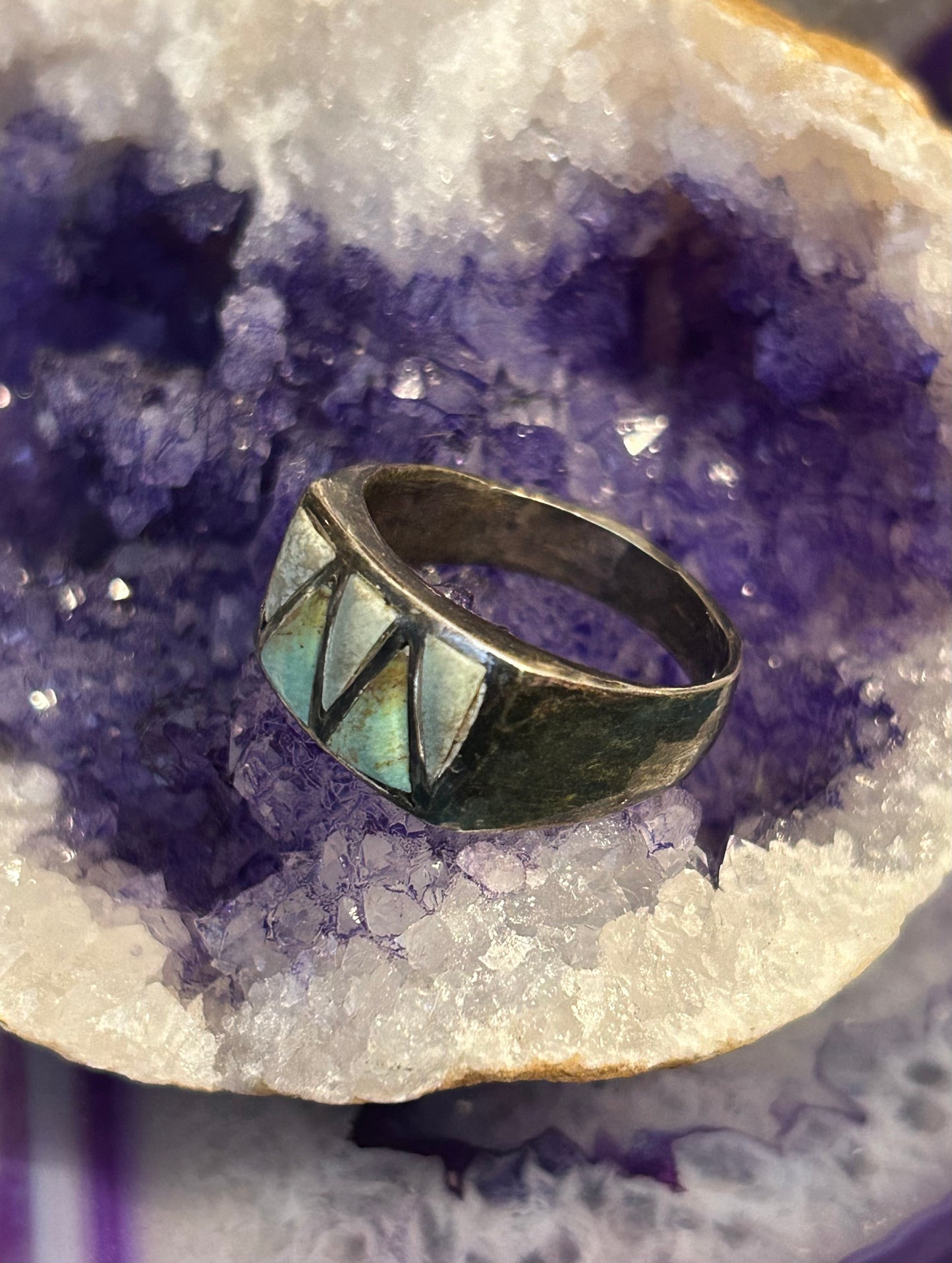 Sterling Silver Vintage Inlay Turquoise Signet Shape Ring • Size 11