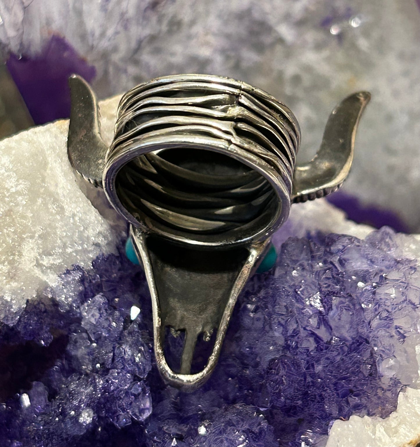 Sterling Silver Taxco Bull Skull Ring With Turquoise Size 9