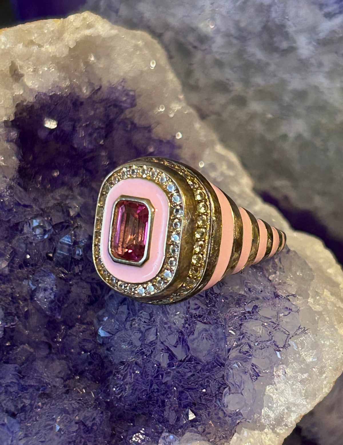 Sterling Silver Rarities by Carol Brodie Pink Enamel & Gemstones Ring • Size 9