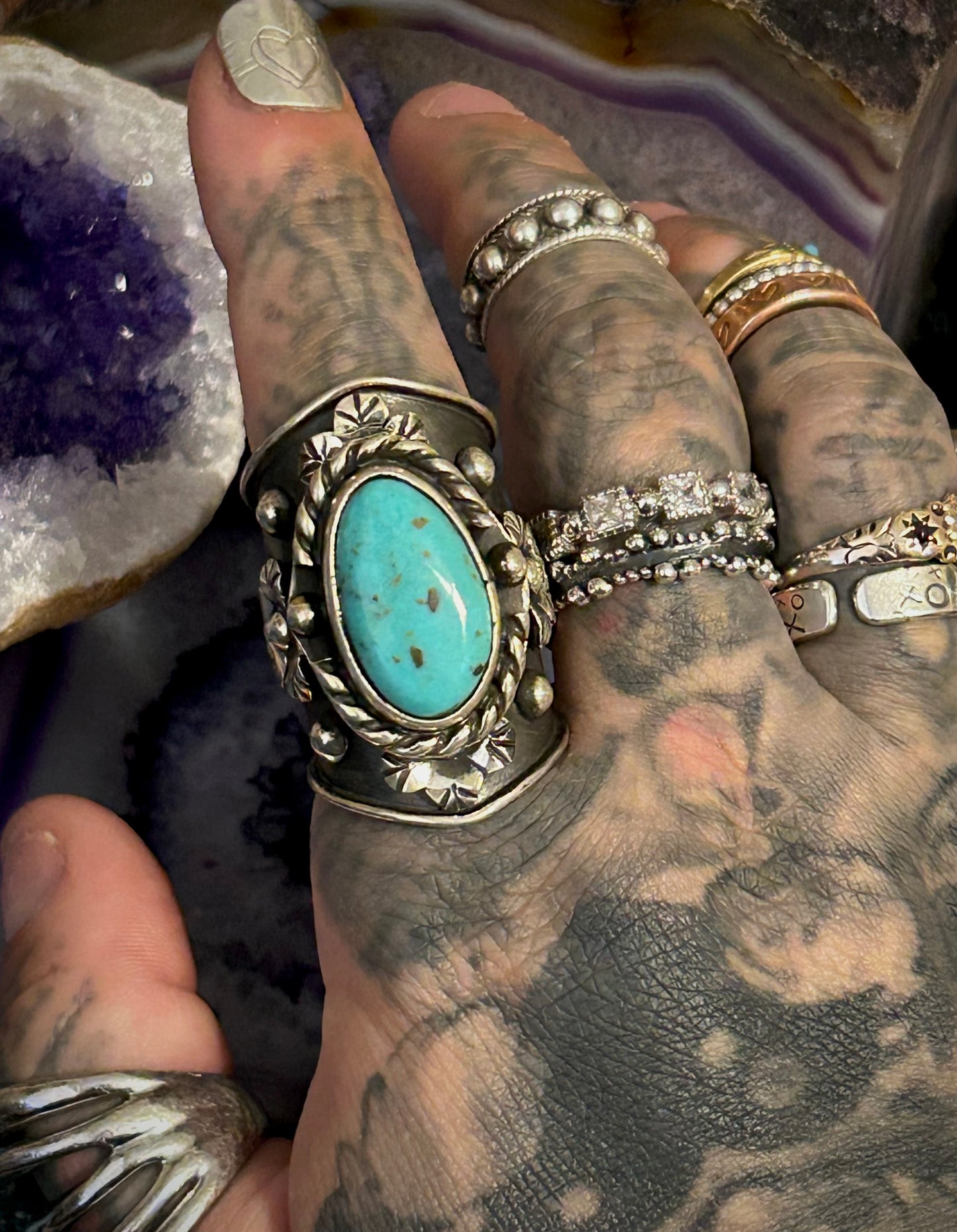 Sterling Silver Taxco Mexico Turquoise & Flowers Wide Band Statement Ring Sz 7.5
