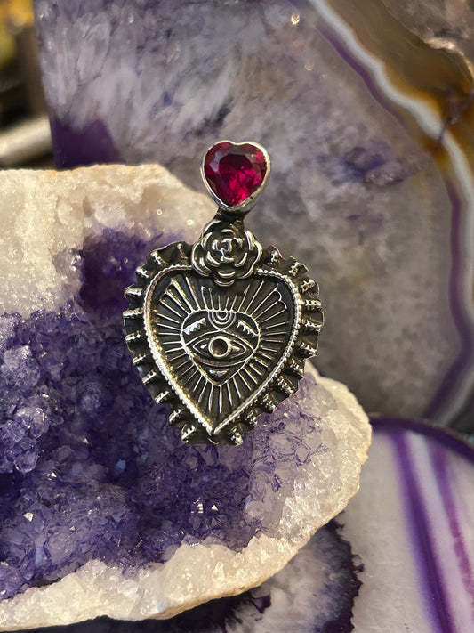 Sterling Silver Taxco Mexico Sacred Heart & Eye Of Protection Adjustable Ring