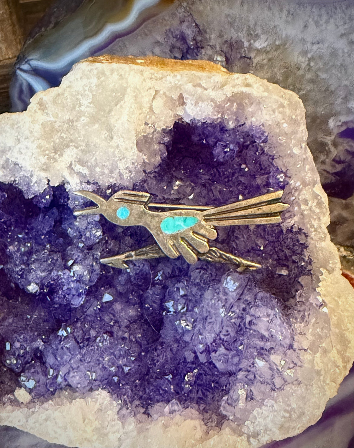 Vintage Native American Sterling Silver Turquoise Inlay Roadrunner Pin Brooch