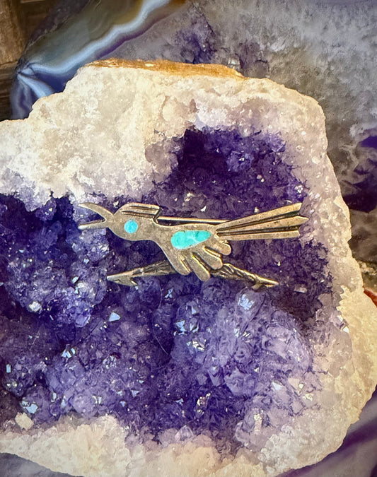 Vintage Native American Sterling Silver Turquoise Inlay Roadrunner Pin Brooch