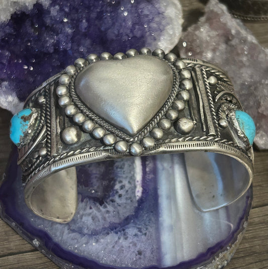GuzFurbished Vintage Sterling Silver Heart Cuff w/ Turquoise & Coral