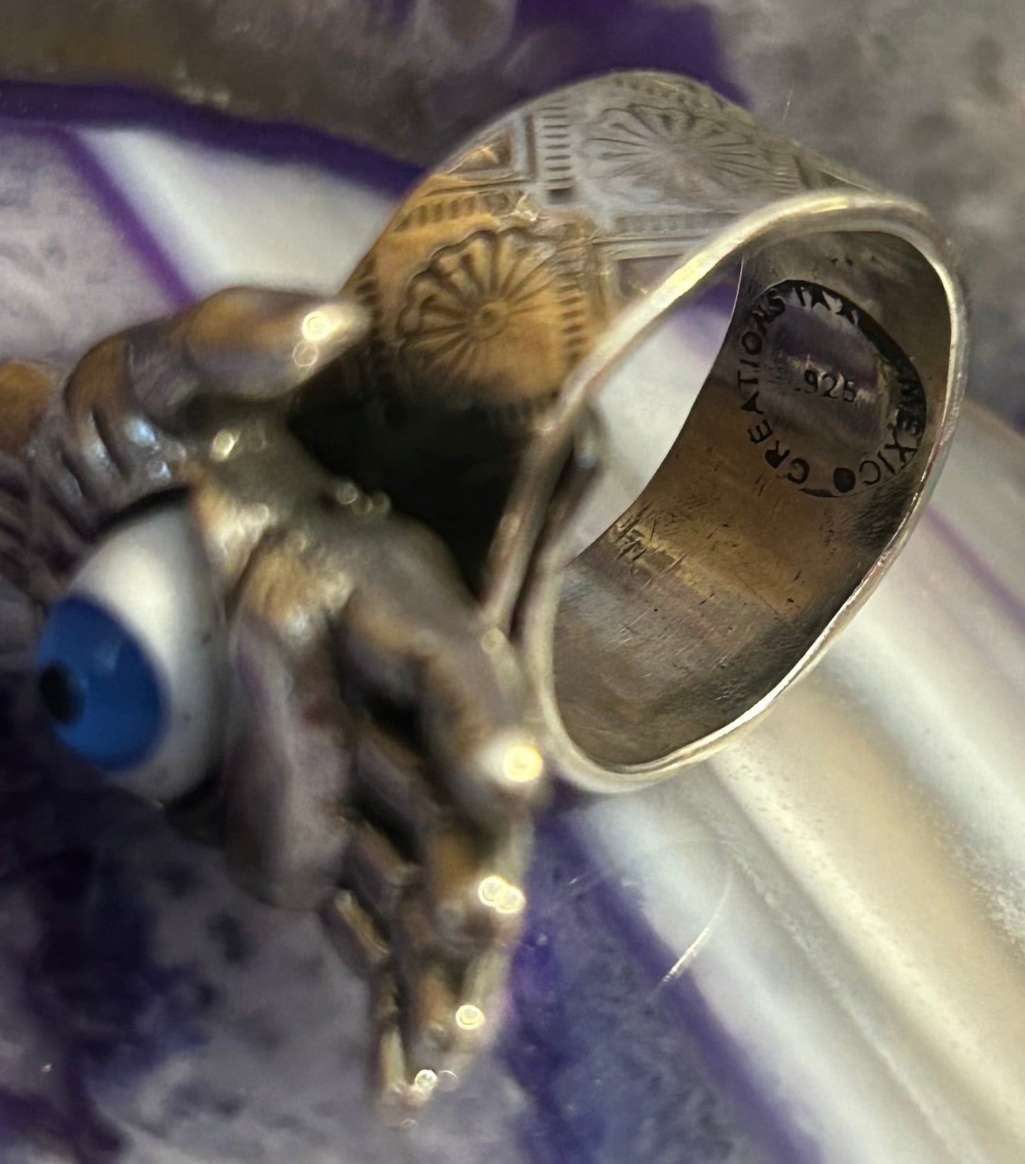 Sterling Silver Taxco Mexico Seeing Eye Protection Hand Oddities Ring Adjustable