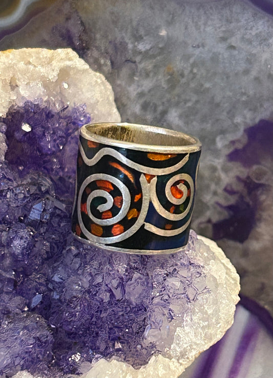 Vintage Sterling Silver Wide Band Colorful Spiral Ring Size 6.5