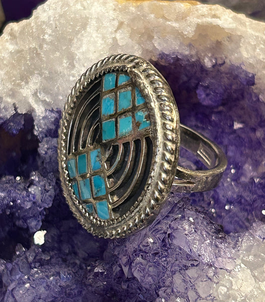 Vintage Sterling Silver Turquoise Inlay Geometric Circle Ring • Size 8.25