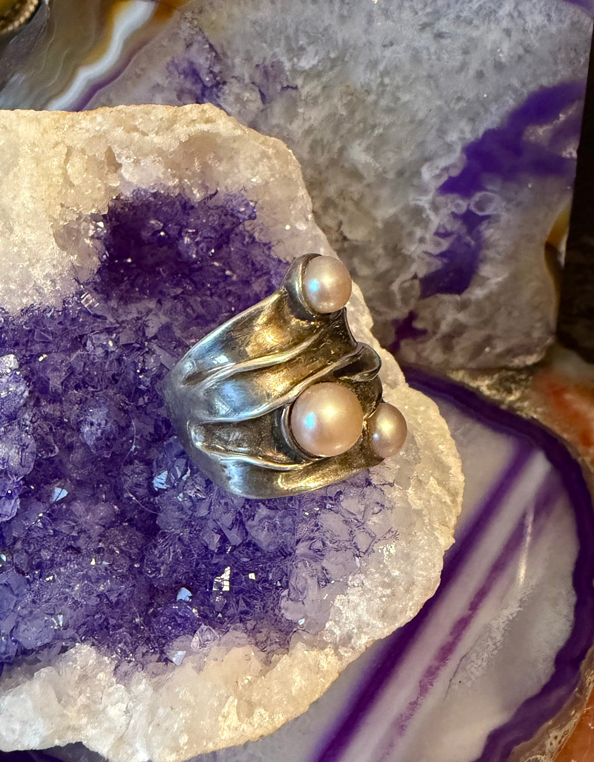 Vintage Israel Sterling Silver Modernist Pearl Abstract Ring Size 7