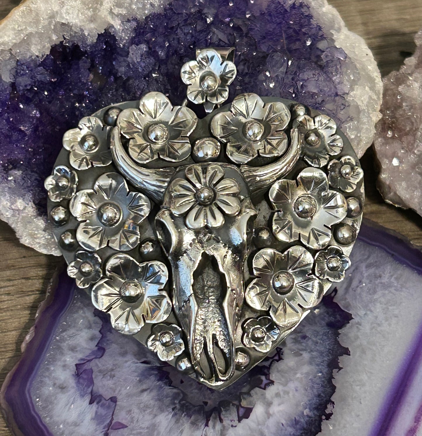 Sterling Silver Taxco Bull Skull w/ Flowers Statement Heart Pendant