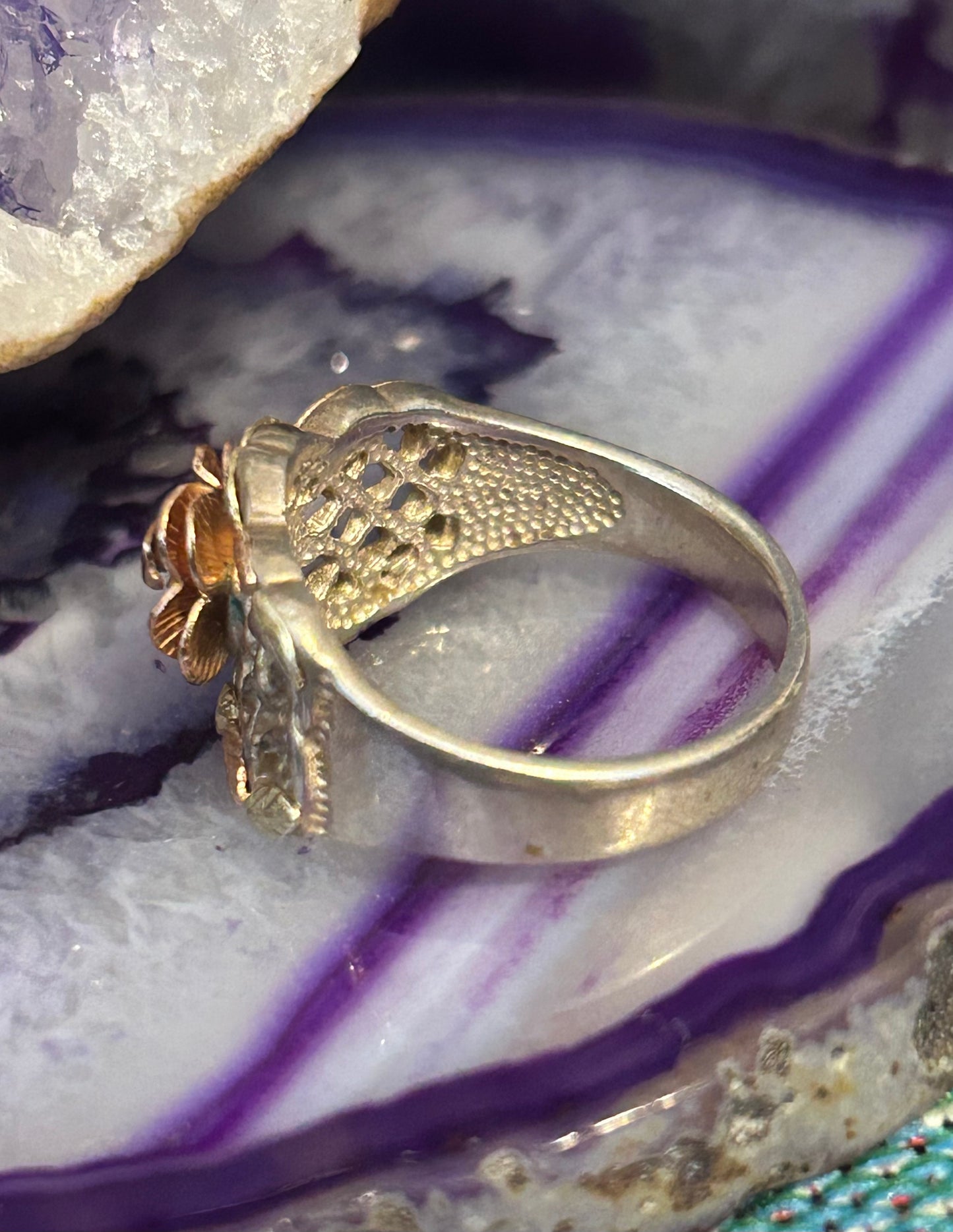 Vintage Coleman Co CCO Black Hills Gold 12K 3D Rose & Leaf Sterling Ring • Size 8