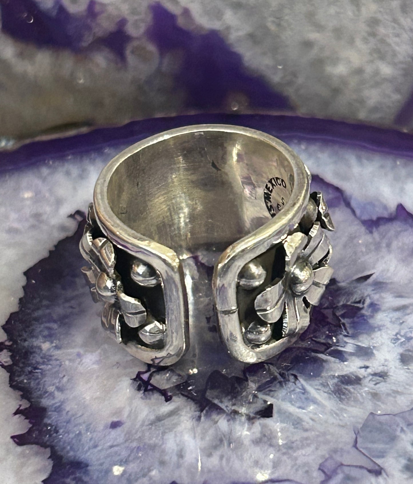 Sterling Silver Modern Taxco Flower Wide Band Ring Size 6-8
