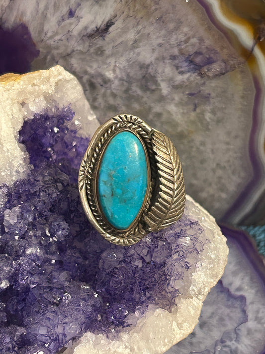 Vintage Sterling Silver Native American Turquoise And Leaf Ring • Size 8.5