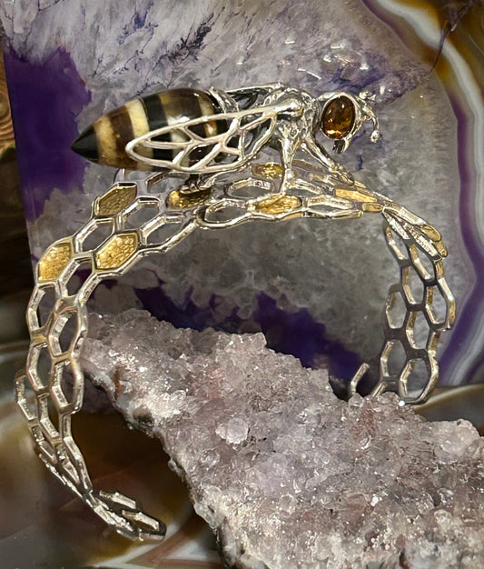 Sterling Silver & Genuine Amber Bee Honeycomb Cuff Bracelet