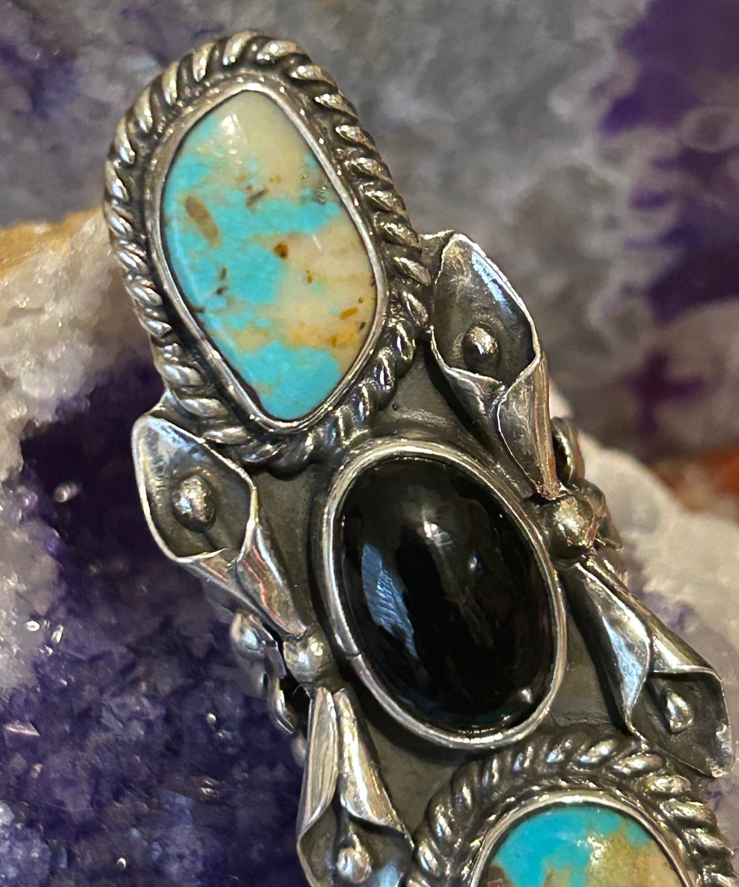 Sterling Silver Taxco Mexico Large Statement Ring w/ Turquoise & Onyx Sz 6.5-8.5