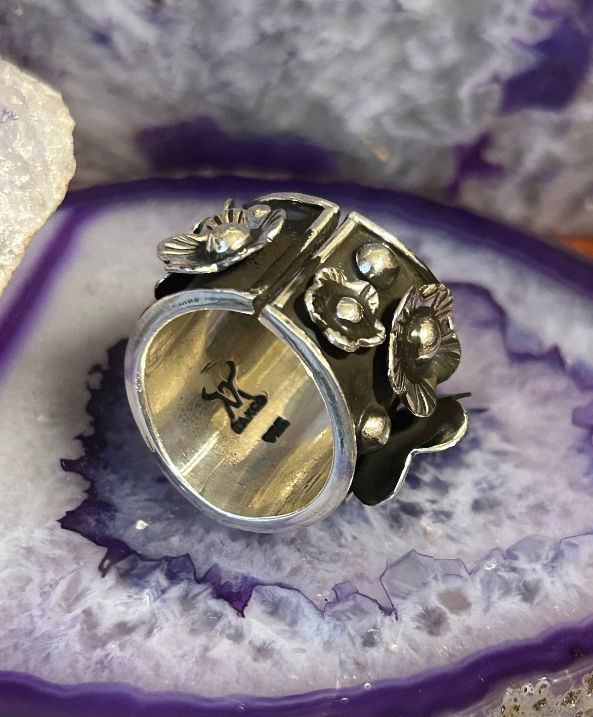 Sterling Silver Modern Taxco Mexico Ring With Flowers • Size 6.5-8.5