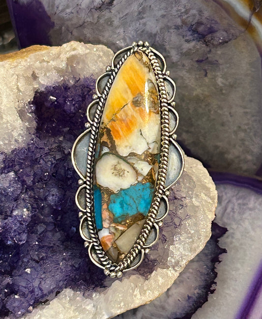Sterling Silver Spiny Oyster Turquoise Statement Ring Size 7