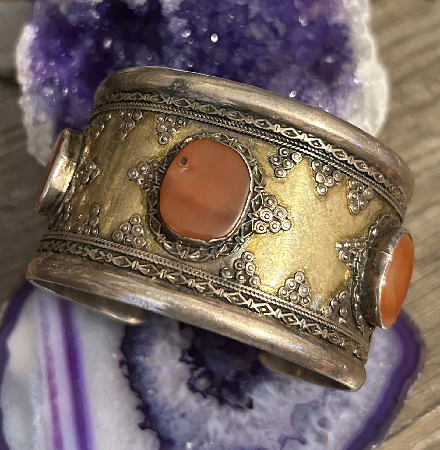 Antique Sterling Silver & Carnelian Turkish Cuff Bracelet