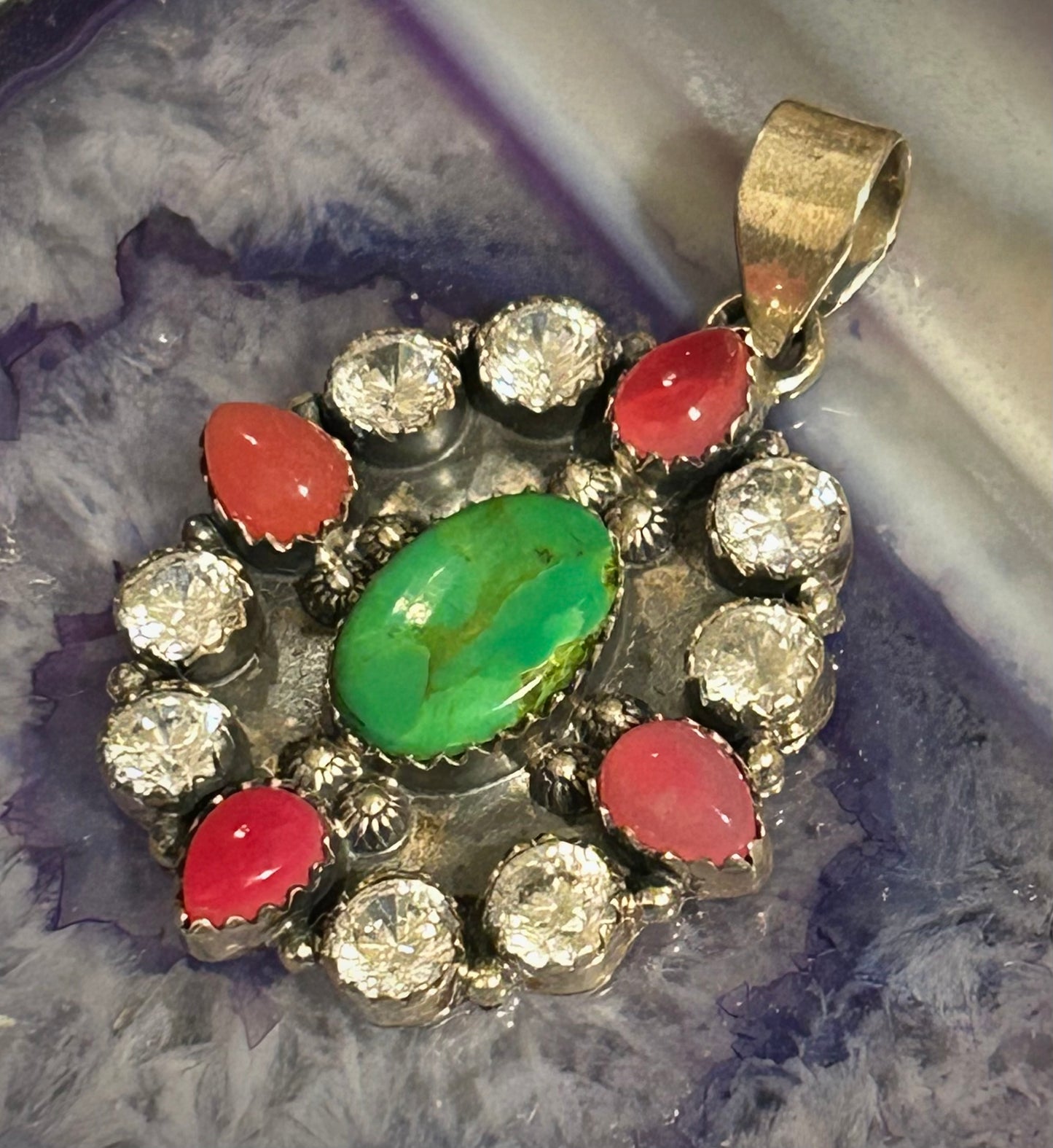 Sterling Silver Multi-Stone Pendant With Green Apple Turquoise, Ruby, & CZ