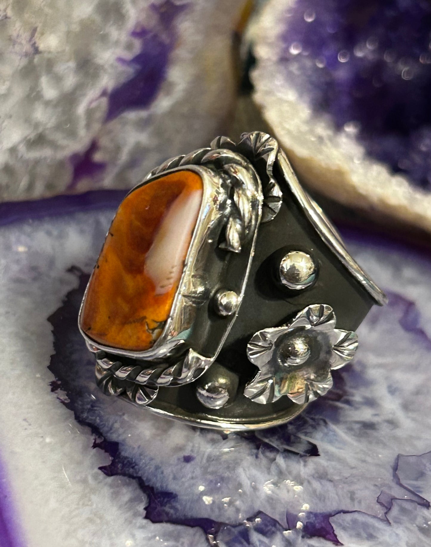 Sterling Silver Taxco Mexico Statement Spiny Oyster & Flower Wide Ring Sz 9-10.5
