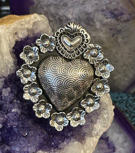Sterling Silver Taxco Mexico Large Statement Heart, Flowers & Swirls Adjustable Ring