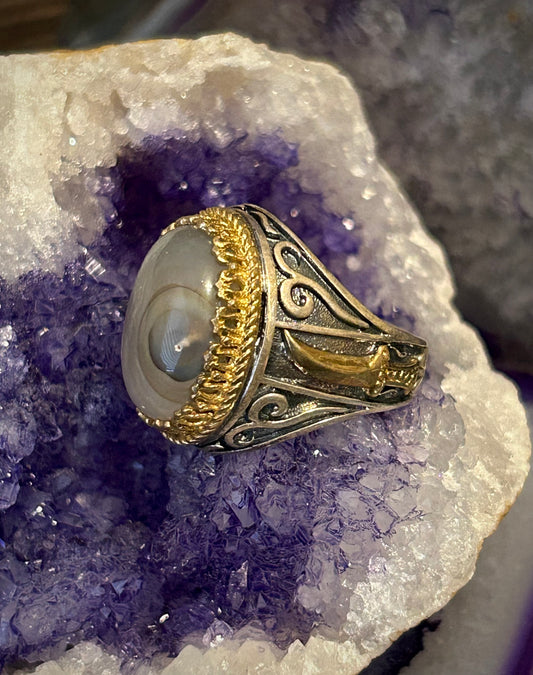 Sterling Silver Chunky Turkish Signet Style Agate w/ Daggers Ring • Size 8
