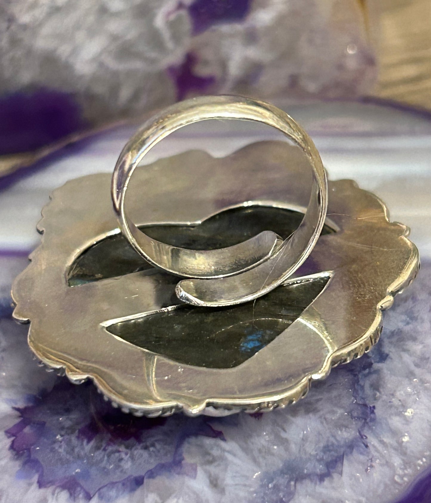 Sterling Silver Taxco Large Labradorite Stone Heart Ring Adjustable