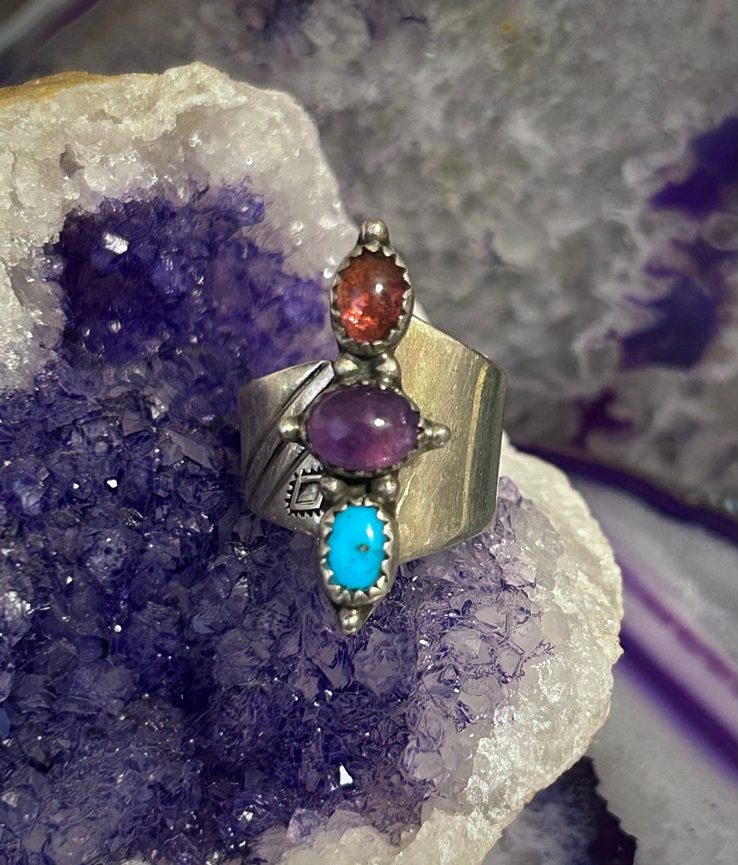 Sterling Silver Southwestern Multi-stone Turquoise, Amethyst Bypass Ring