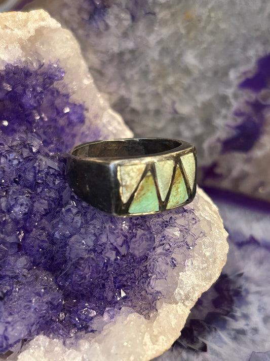 Sterling Silver Vintage Inlay Turquoise Signet Shape Ring • Size 11