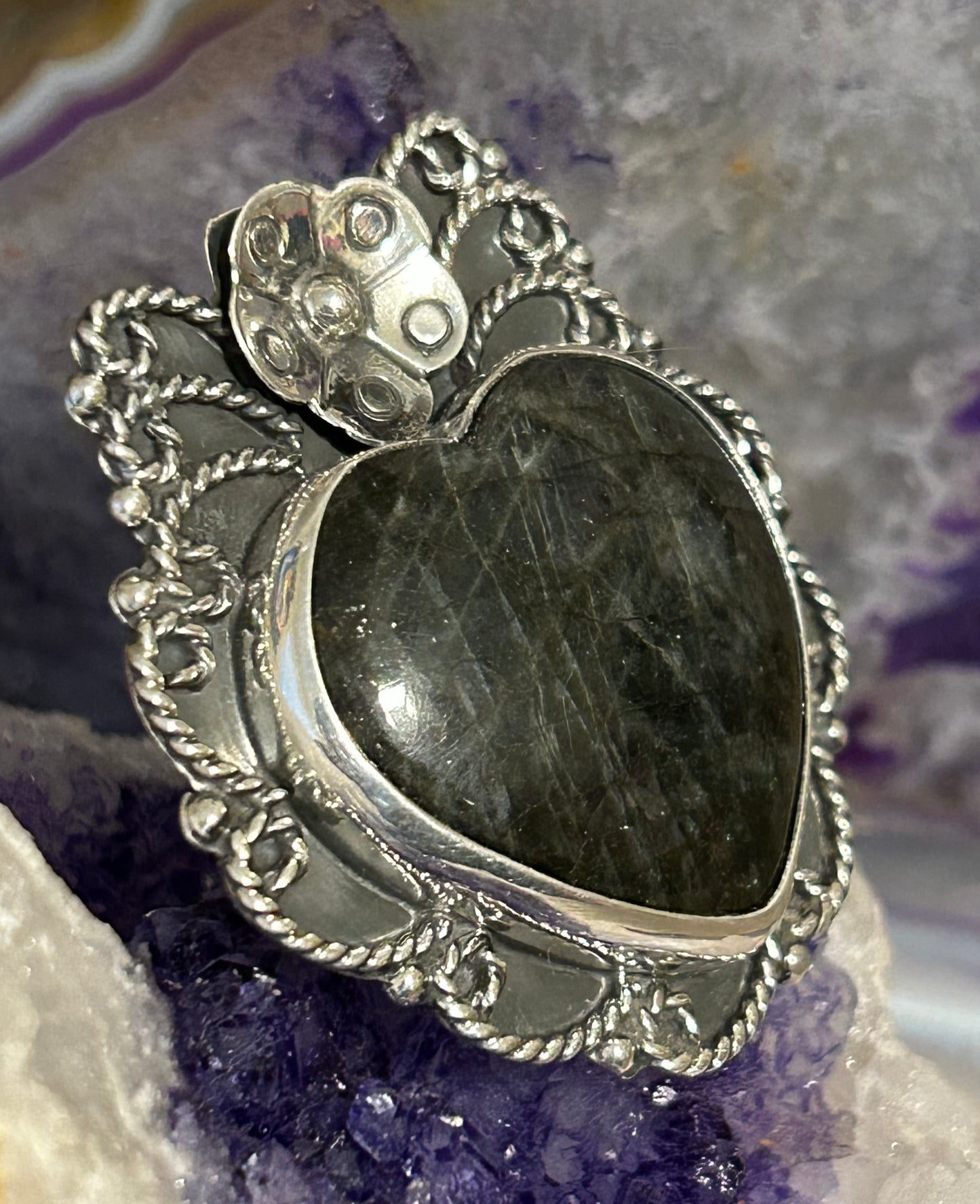 Sterling Silver Taxco Large Labradorite Stone Heart Ring Adjustable