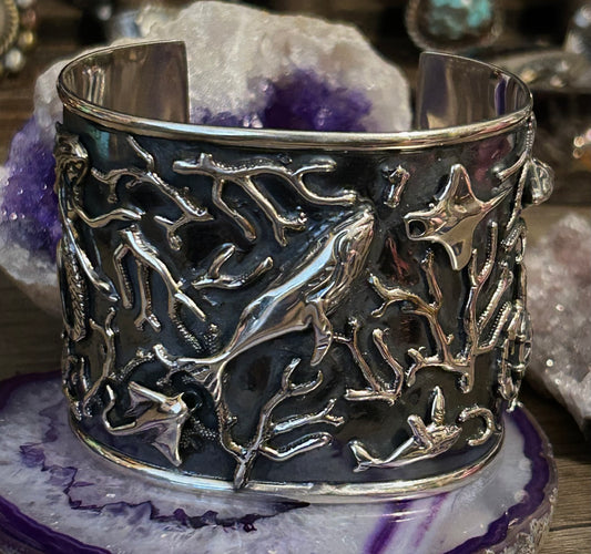 Sterling Silver Taxco Mexico Handmade Sea Life Cuff Bracelet