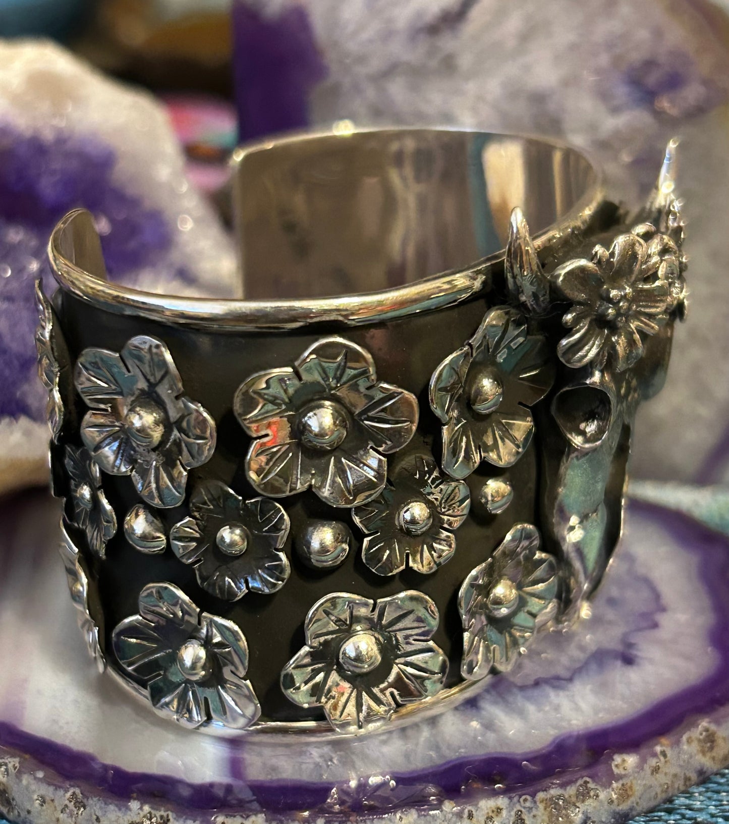 Taxco Mexico Sterling Silver Flower & Bull Skull Statement Cuff Bracelet