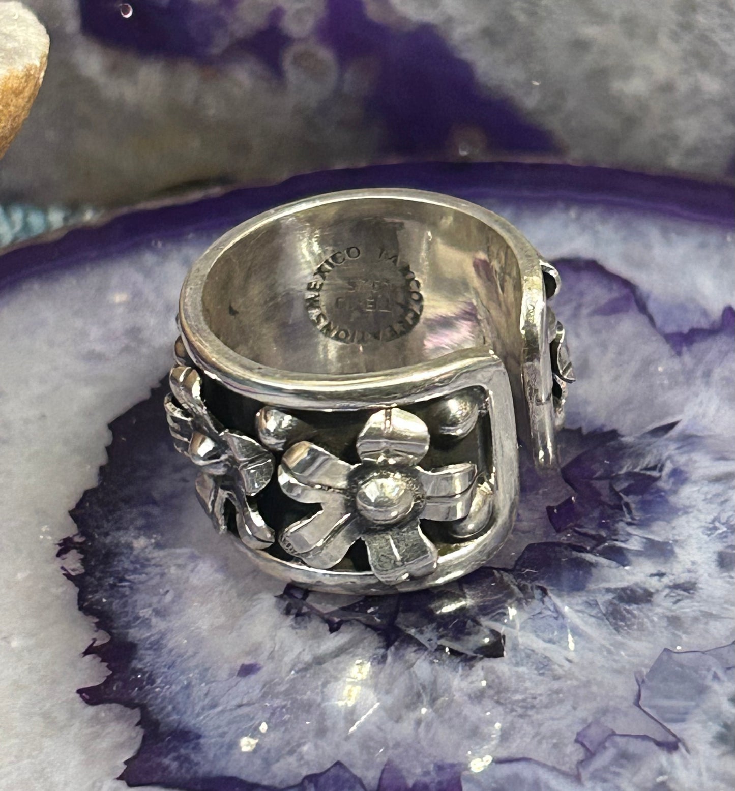 Sterling Silver Modern Taxco Flower Wide Band Ring Size 6-8