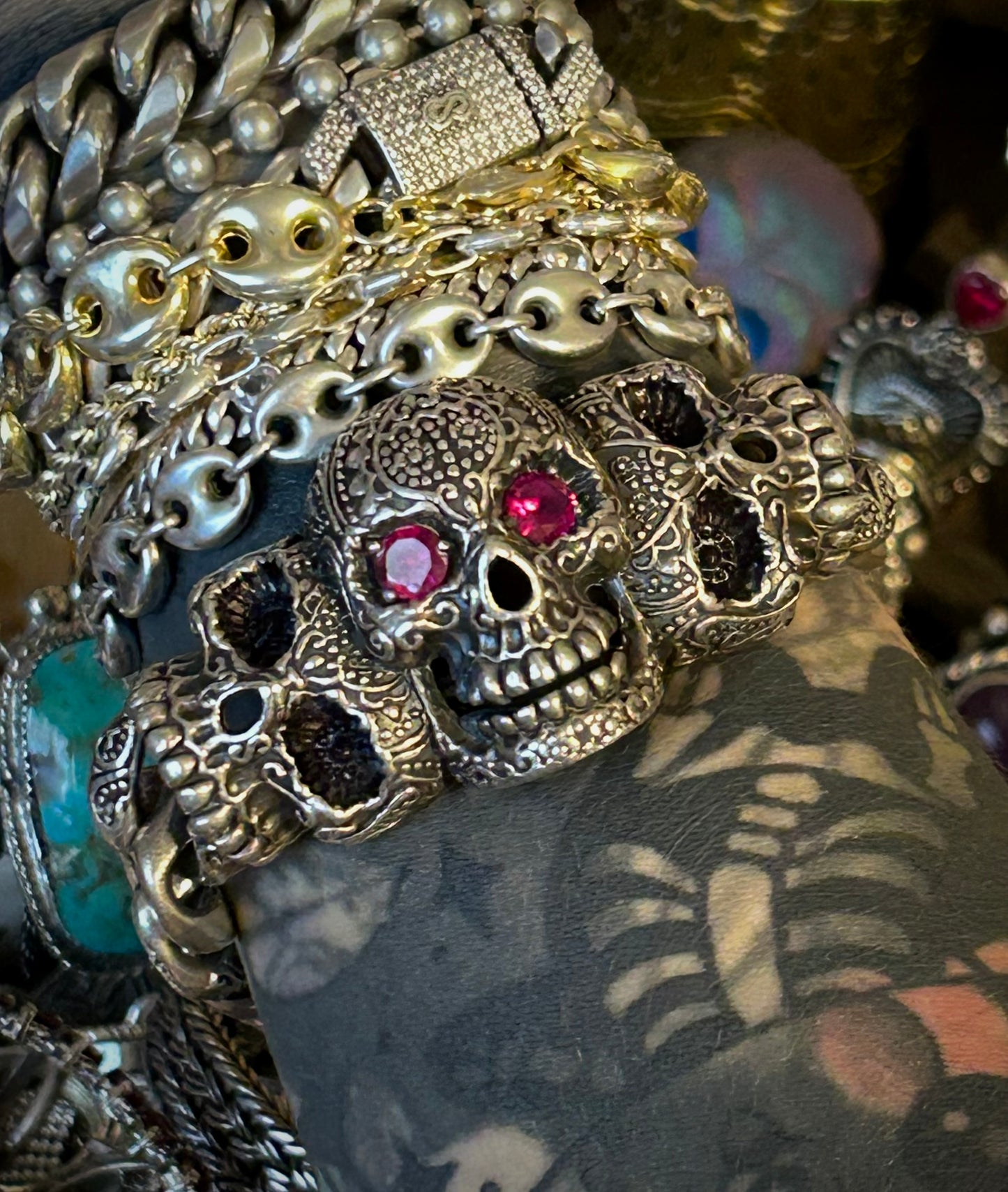 Vintage Sterling Silver Heavy Skull Cuban Link w/ Ruby Eyes Bracelet