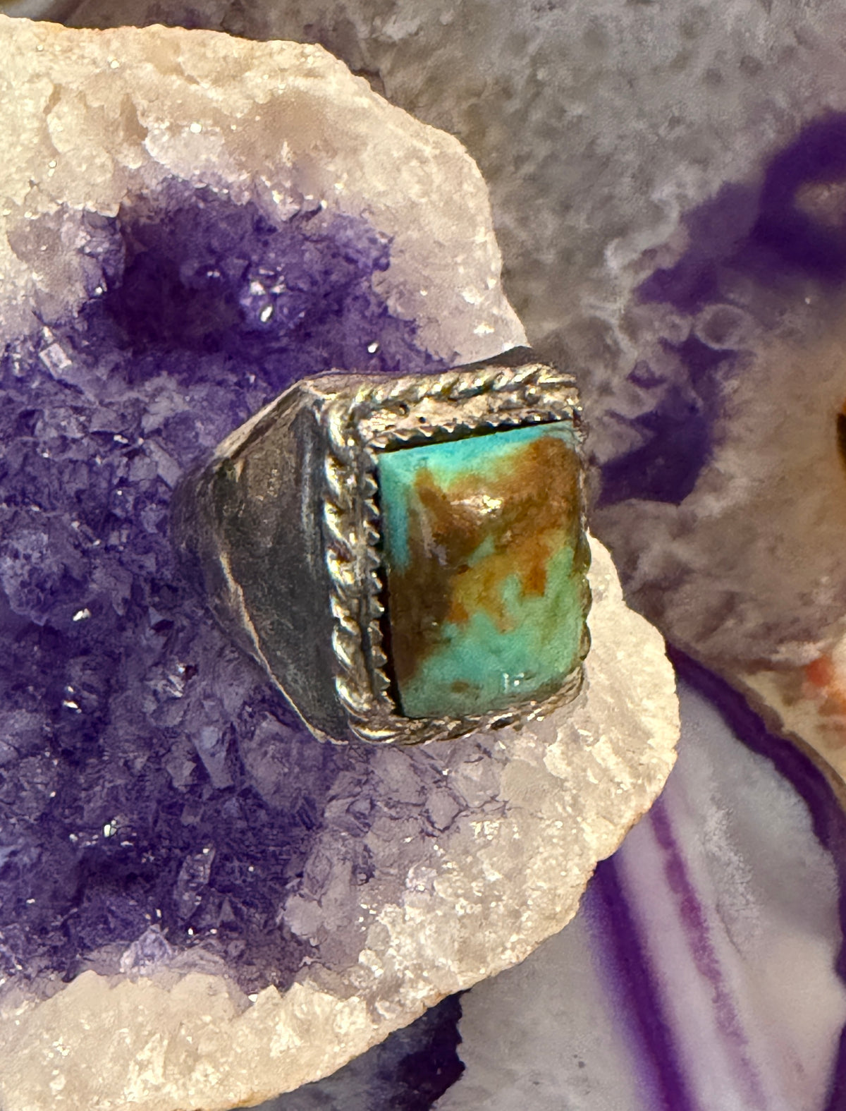 Vintage Sterling Silver Chunky Signet Style Shaped Natural Turquoise Ring Sz 10