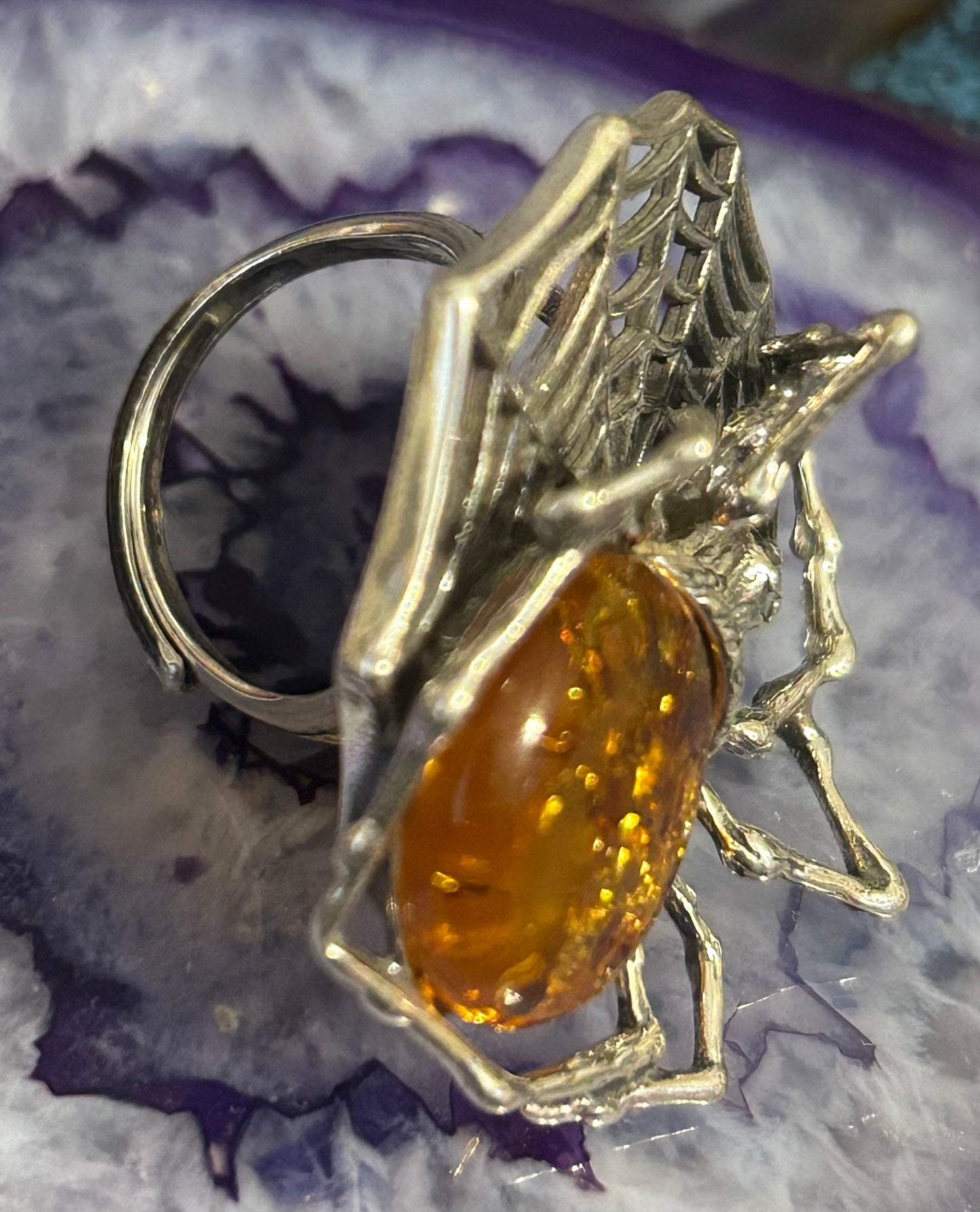 Sterling Silver Spider & Web Ring w/ Large Natural Amber Stone • Adjustable