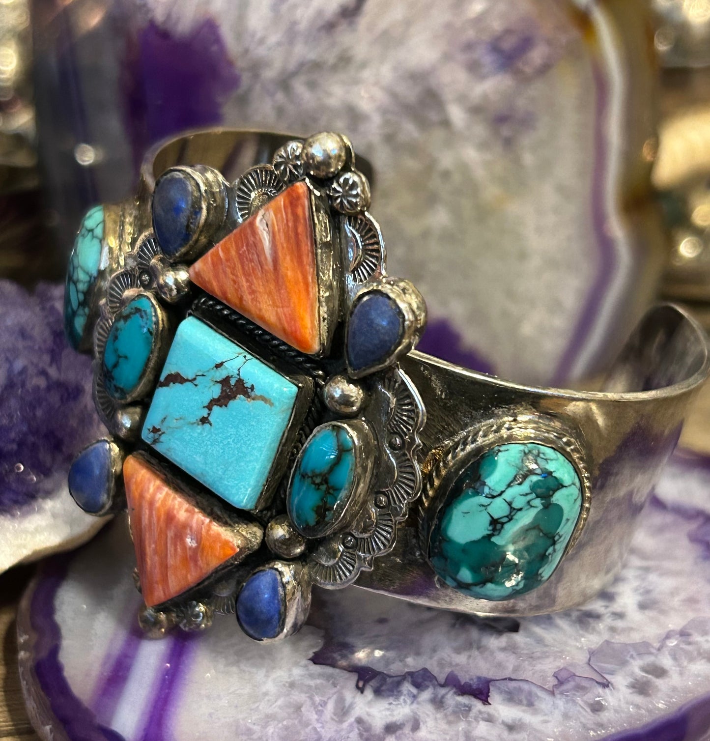 Sterling Silver Handmade Turquoise Spiny Oyster Multi-Stone Large Cuff Bracelet