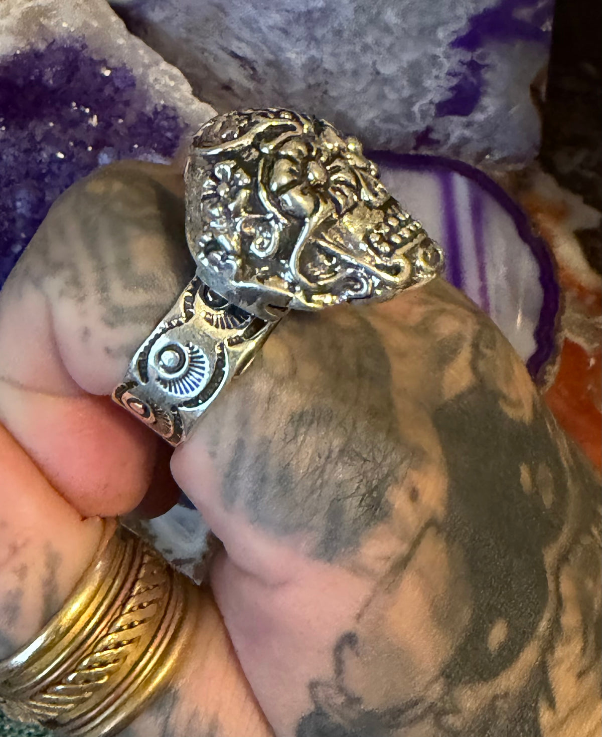 Sterling Silver Modern Taxco Mexico Chunky Statement 3D Sugar Skull Ring