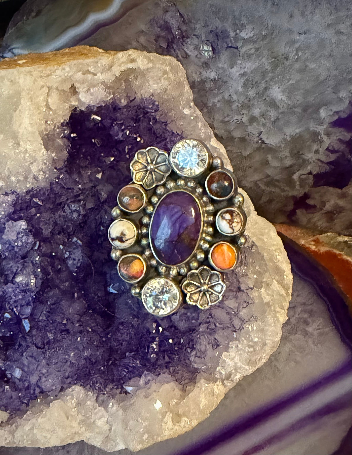 Sterling Silver Southwestern Purple Mojave, Cz, And Spiny Oyster Adjustable Ring