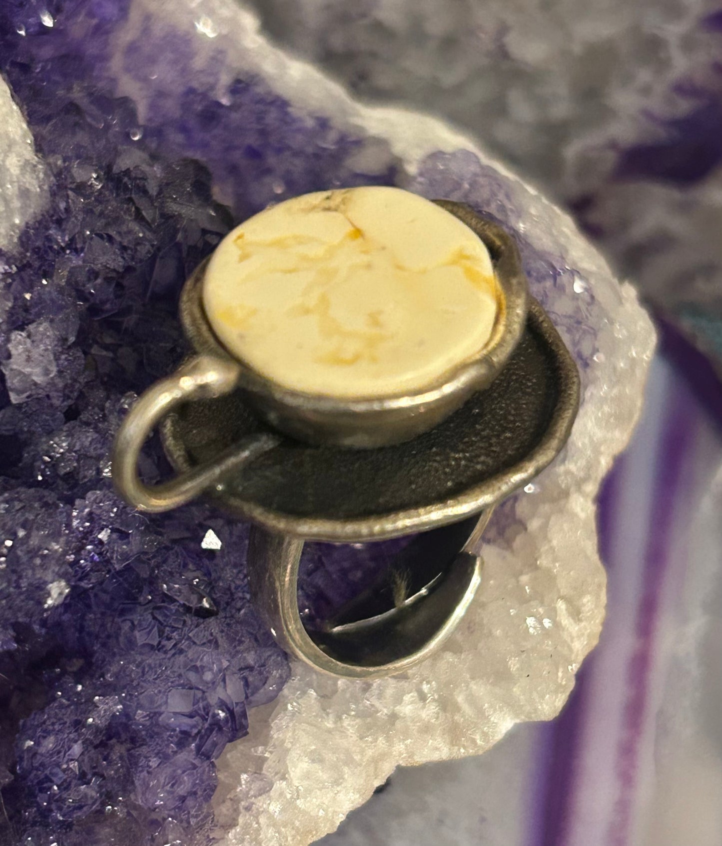 Sterling Silver And Butterscotch Amber Coffee Tea Cup Adjustable Ring