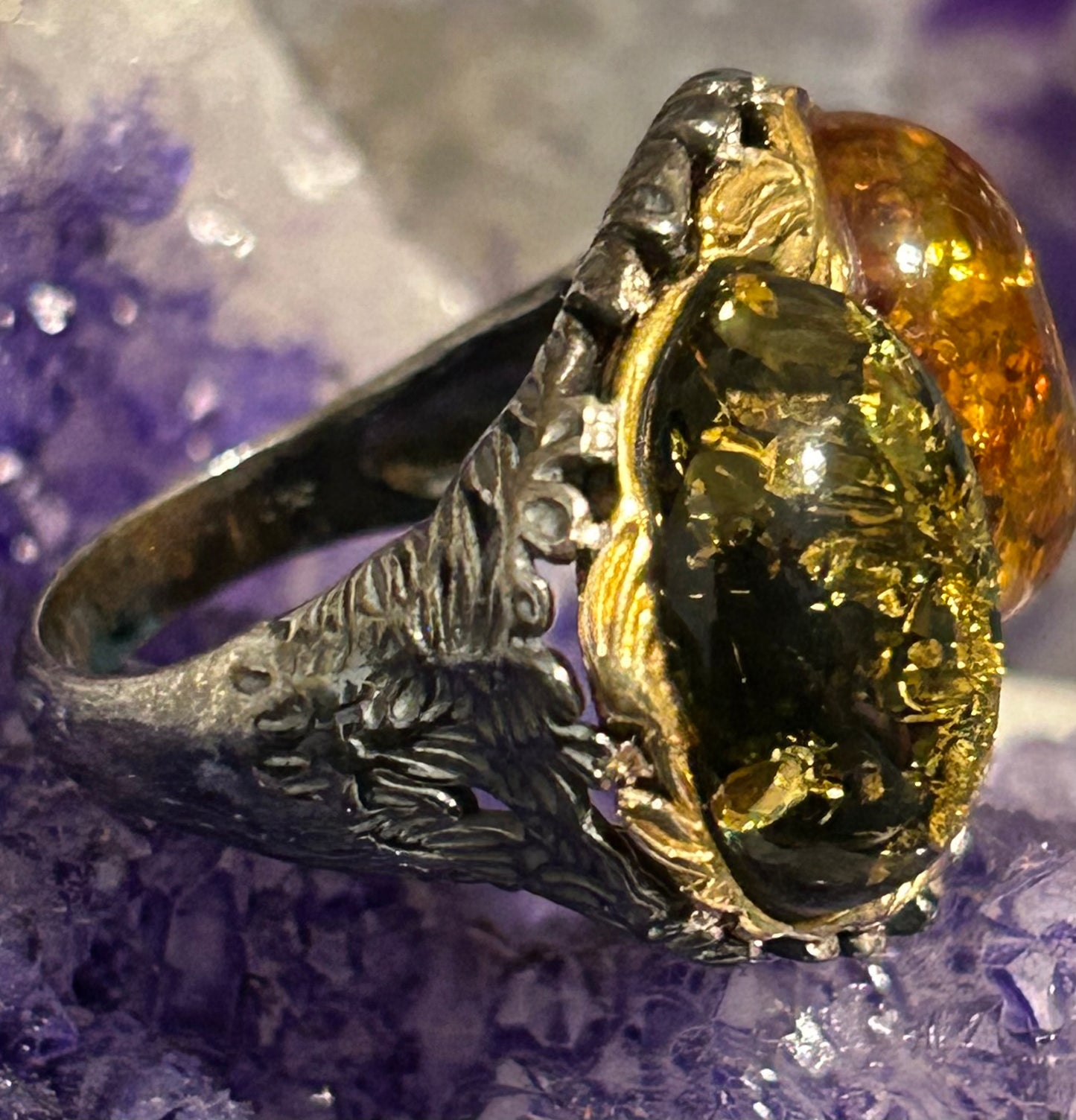 Sterling Silver Baltic Amber Two Stone w/ Gold Over • Size 9