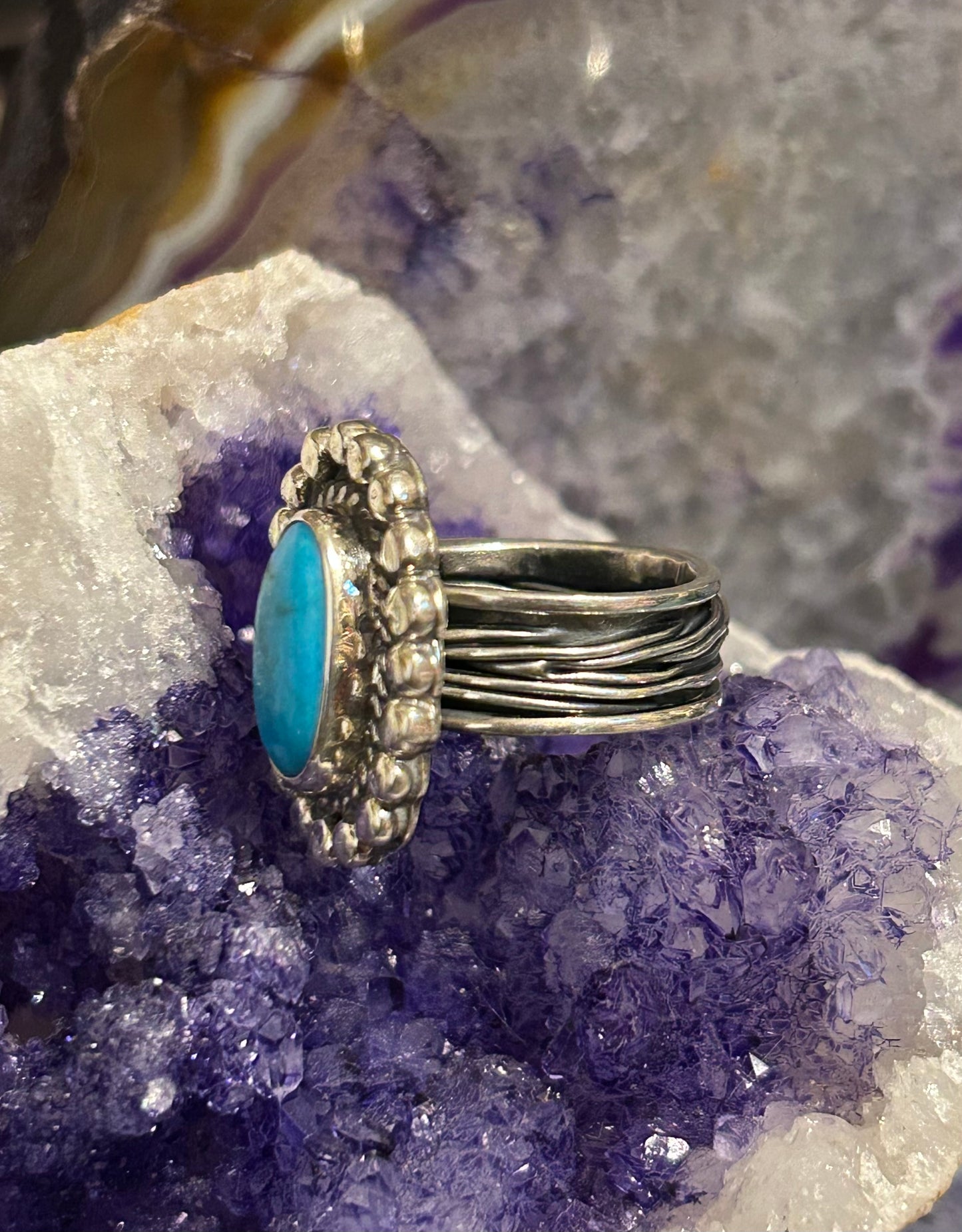 Sterling Silver Taxco Mexico Oval Turquoise Wide Wavy Band Ring Size 8