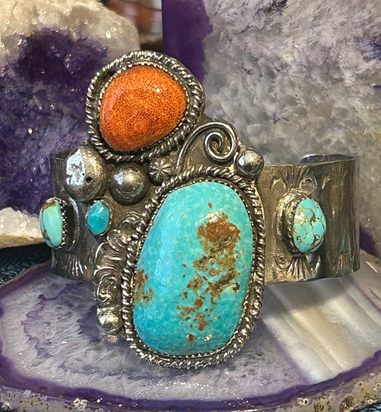 Vintage Sterling Silver Handmade Turquoise And Coral Statement Cuff Bracelet