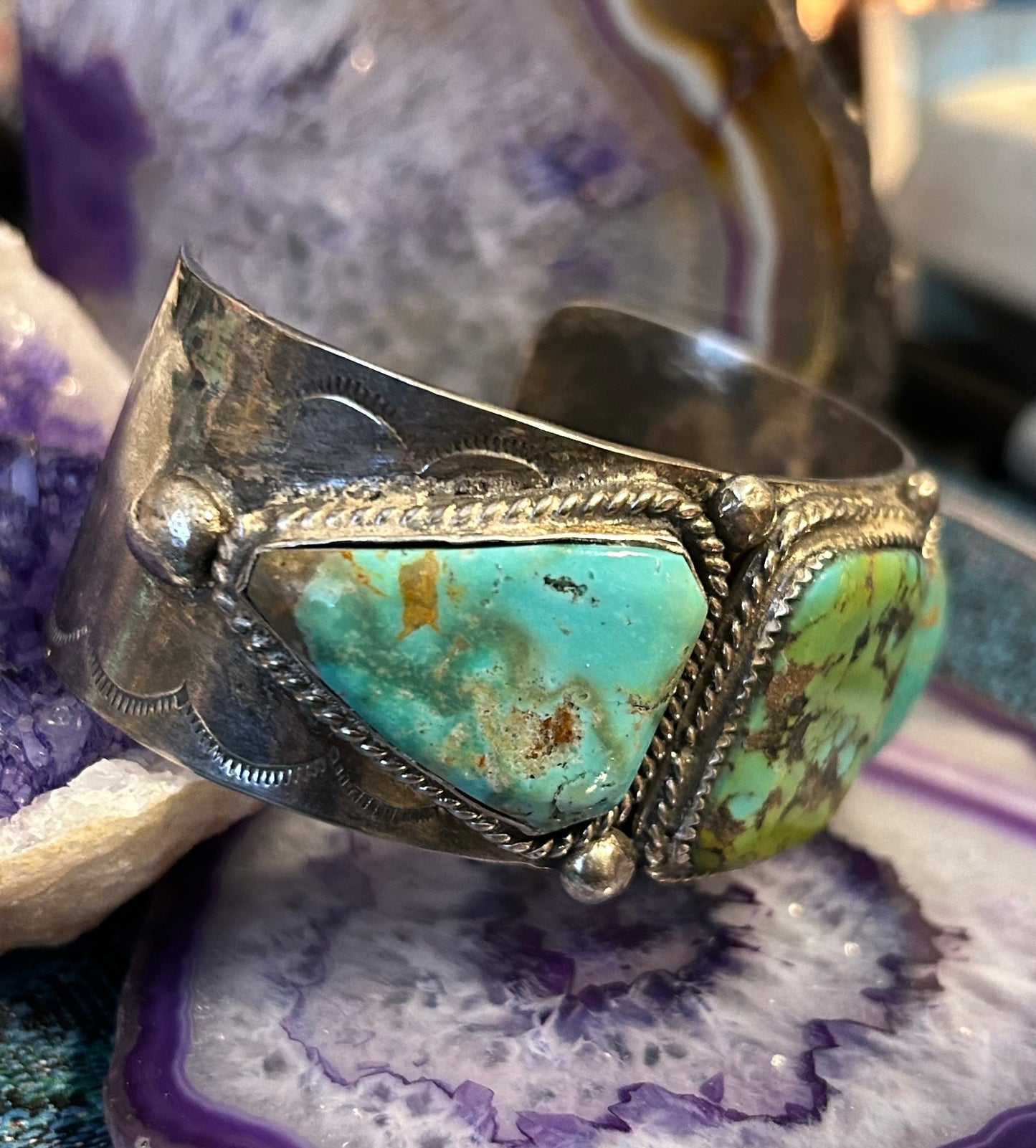 Vintage Sterling Silver Triple Stone Turquoise Statement Cuff Bracelet
