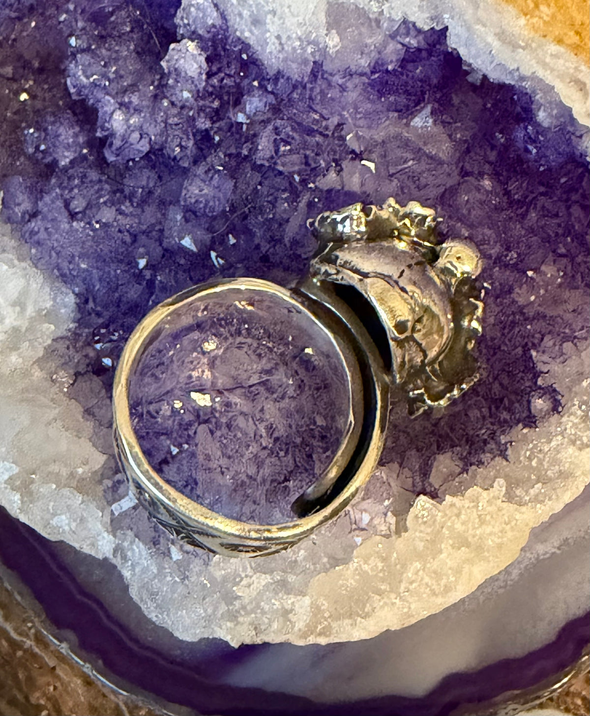 Sterling Silver Modern Taxco Chunky Skull W/ Flower Crown Adjustable Band Ring