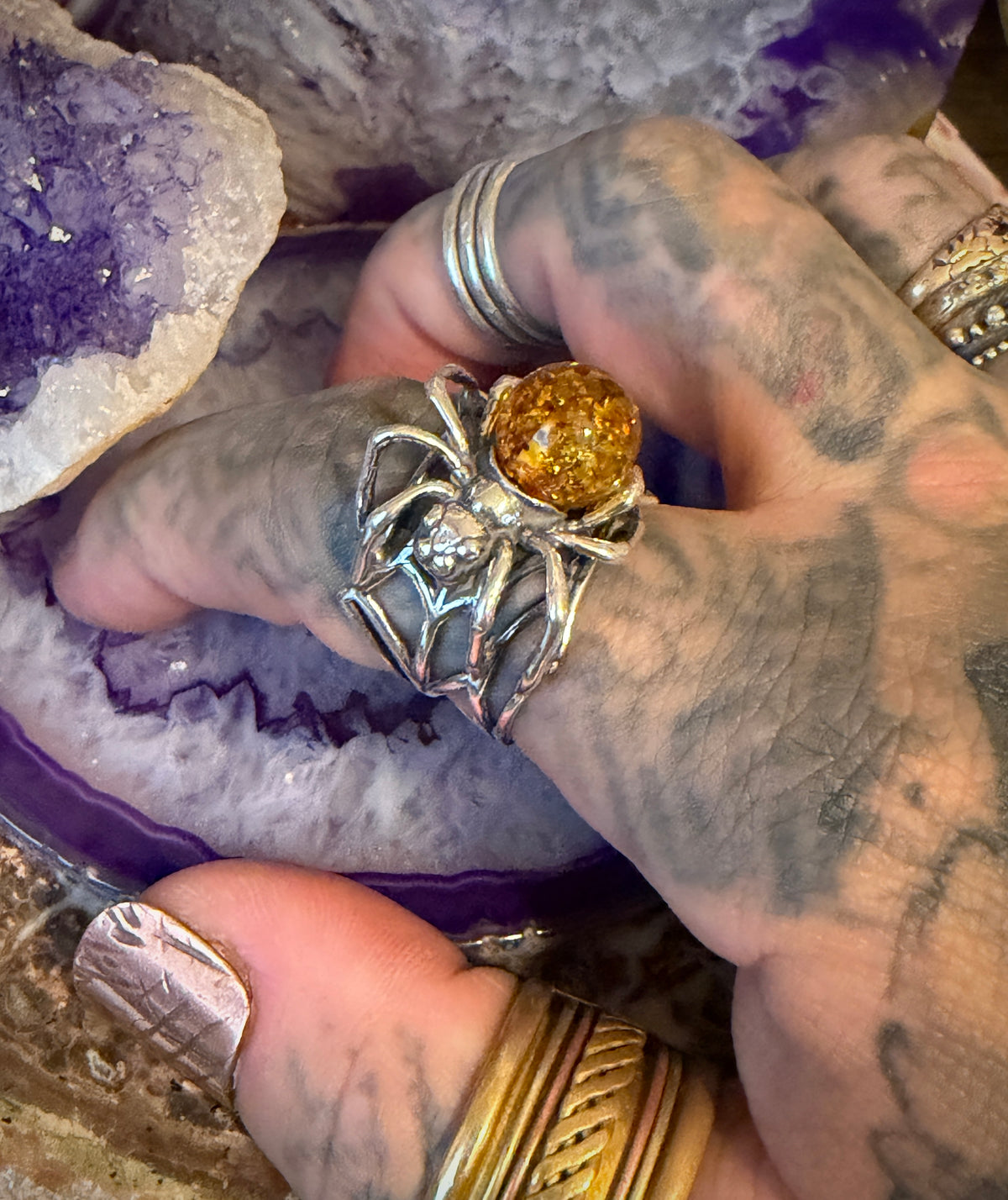 Sterling Silver & Natural Baltic Amber Spider Web Adjustable Ring